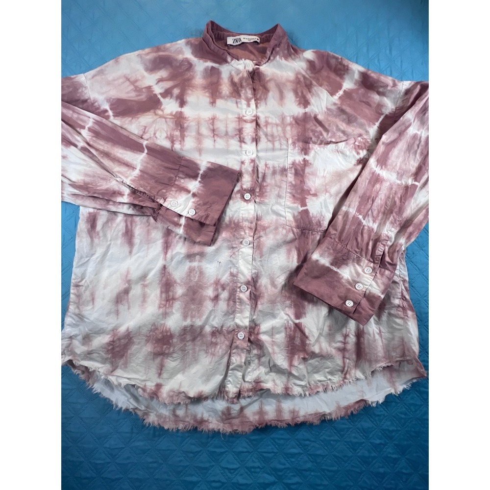 Zara Tie Dye Mauve White Button Down Shirt Raw Hem Relaxed Fit Medium